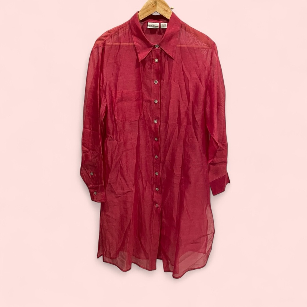 Chico's Sheer Button-Front Mini Dress in Deep Red